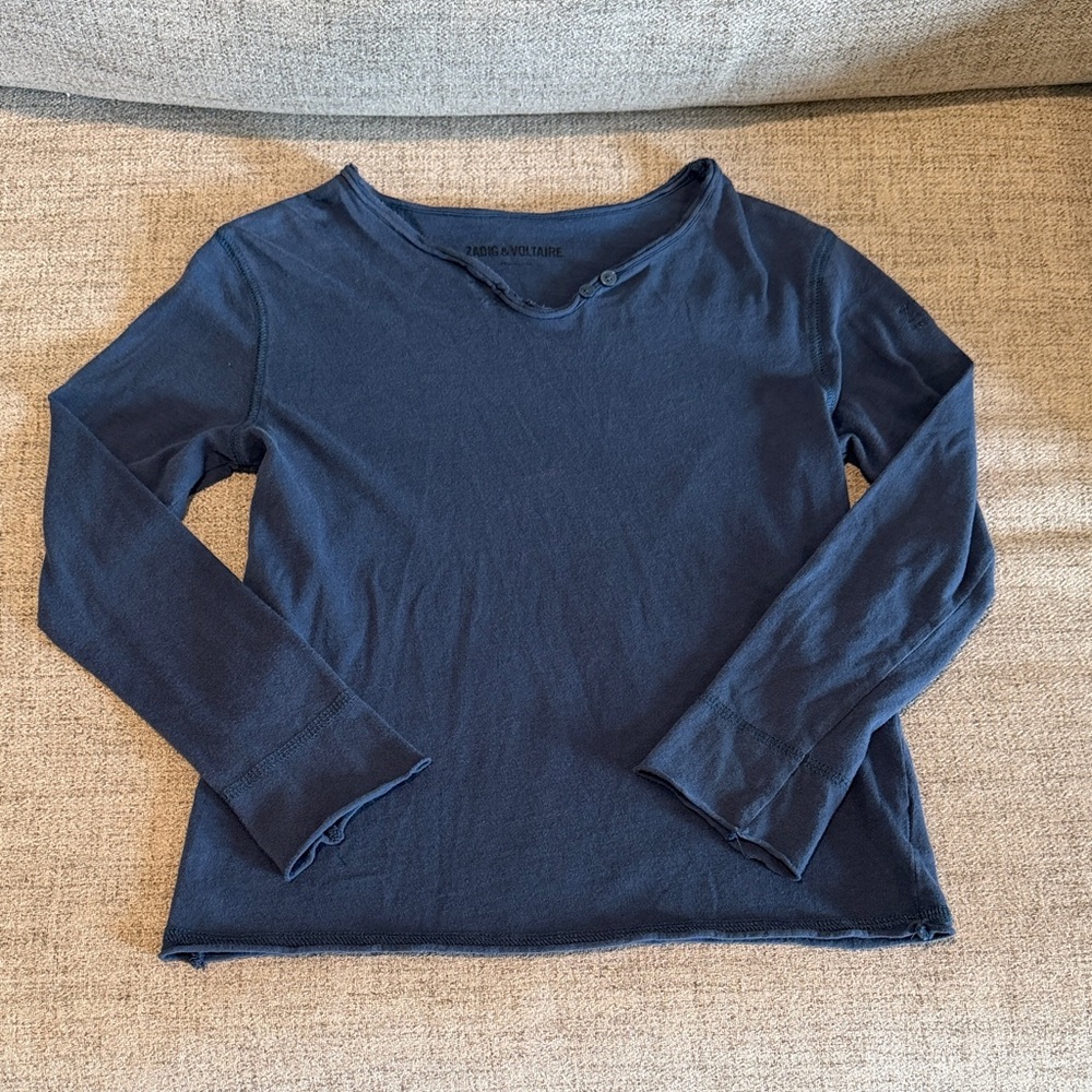Zadig & Voltaire Girls Size 8 “I want more Rock & Roll” long sleeve blue shirt